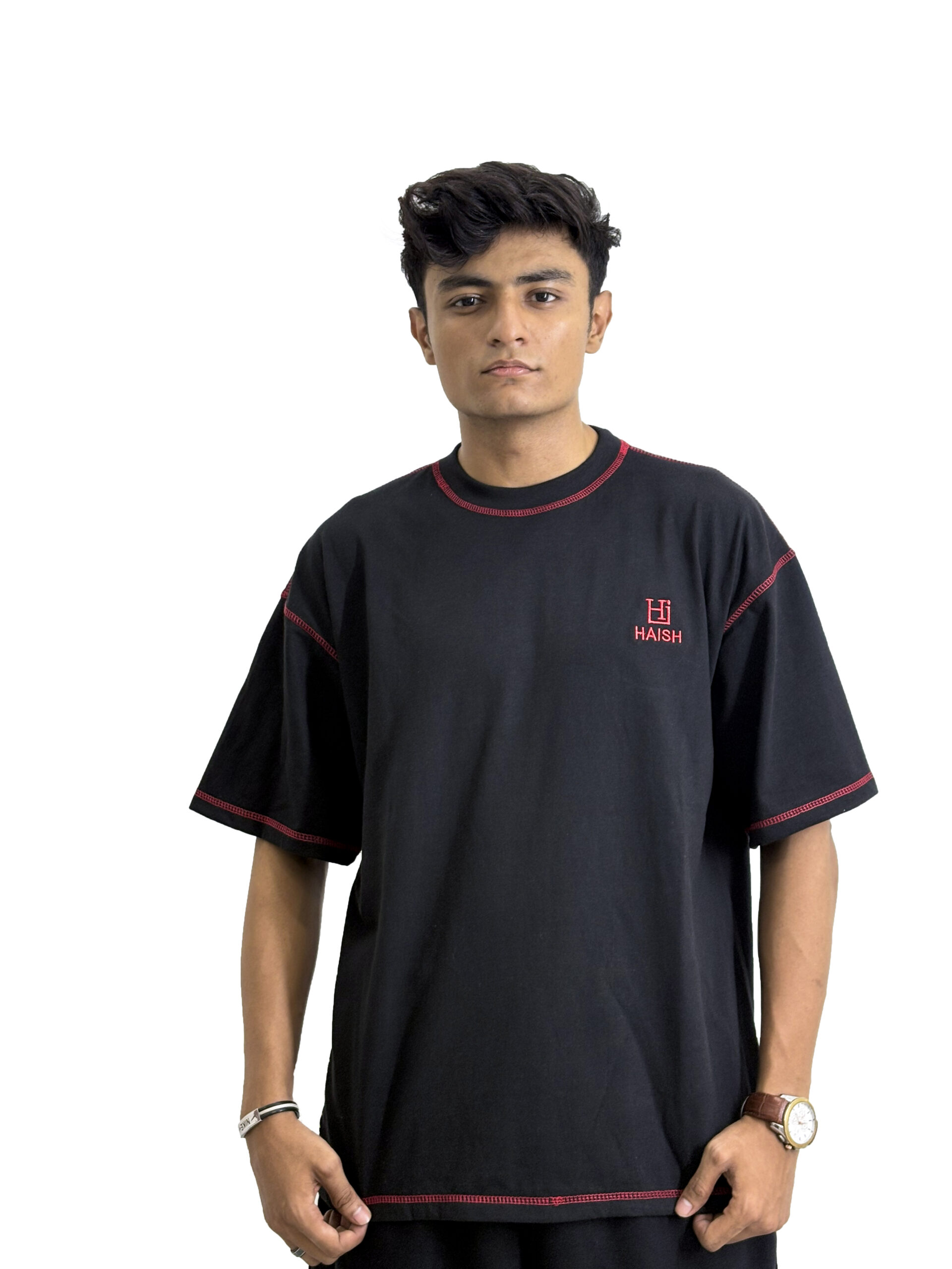 Men's Black T-Shirt with Red Contrast Stitching